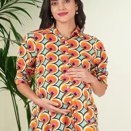 BAESD Women Maternity Abstract Printed Shirt Collar Longline Top image 1