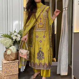 DIVASTRI Ethnic Motifs Printed Round Neck Straight Kurta With Trousers & Dupatta image 4