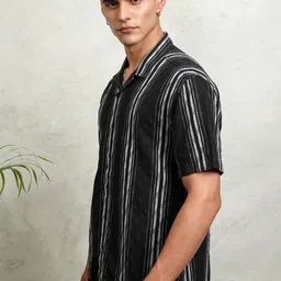 HIGHLANDER Men Cuban Collar Vertical Striped Cotton Relaxed Fit Casual Shirt image 4