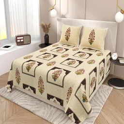 INDRA'S Cream-Coloured & Pink Floral 160 TC King Bedsheet with 2 Pillow Covers image 2