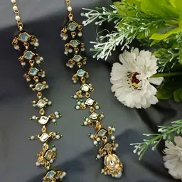 Sanjog Gold-Plated Kundan Studded & Artificial Beaded Dome Shaped Jhumkas With Ear Chains-picture-27