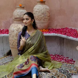 Sangria Stiped V-Neck Kurta With Trousers & Embroidered Dupatta image 5