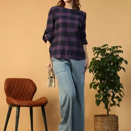 Oxolloxo Checked Roll-Up Sleeves Cotton Top-picture-22