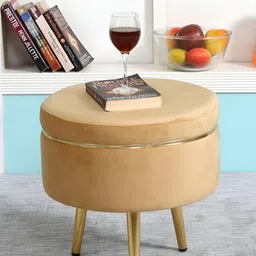 Shadowkart Beige And Gold Toned Wooden Cylindrical Pouffes Ottomans-image-64