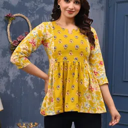 label adrija Pure Cotton Round Neck Floral Printed Anarkali Short Kurti for Women's Flared Hem-picture-37