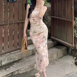 KPOP Women Floral Printed Lace Inserts Ruched Bodycon Maxi Dress-image-35