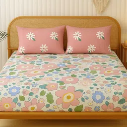bsb home Pink & Blue Floral Microfiber 144 TC Double Queen Bedsheet Set-2.28 m x 2.28 m-image-13