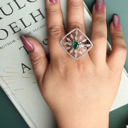 DIVASTRI Rhodium-Plated White and Green CZ Studded American Diamond Adjustable Ring-picture-34