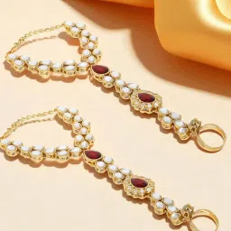 OOMPH Combo of 2 Ethnic Statement Bracelet with Ring Red Stones and Kundan-image-33