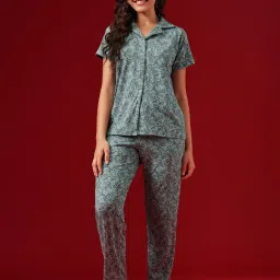 Clovia Printed Button-Down Shirt And Pyjama Green-image-6
