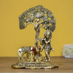 eCraftIndia Golden Lord Krishna Idol Playing Flute Under Tree Idol-picture-25