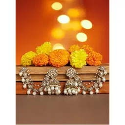 Zaveri Pearls White Stones Antique Gold Tone Beads Jhumka Earrings with Ear Chain-picture-11