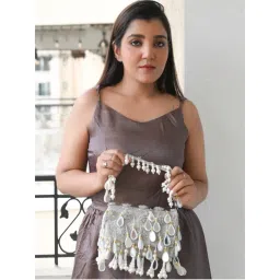 Odette Silver Cutdana Beads and Mirror Work Tassels Handbag-image-36