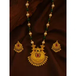 Digital Dress Room Gold Plated Long Flower Design and Pearl Mala Jewellery Set image 2