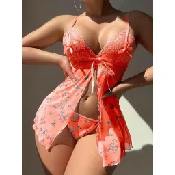 Secrets By ZeroKaata Printed Sheer Nightwear Baby Doll With Thong For Women Orange image 3