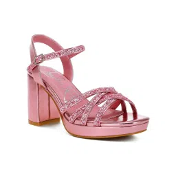 London Rag Pink Glitter Strappy Block Sandal Heels-picture-18
