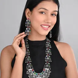 Anvik Silver-Plated Stone-Studded & Beaded Oxidised Jewellery Set image 2