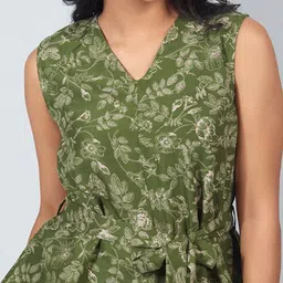 Fashfun Women's Olive & Cream Floral Printed Linen Top With Waist Belt image 3