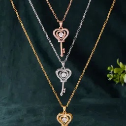 PASU FASHION Unisex Stainless Steel Gold-Plated Stones Studded Key Design Pendant & Chain-picture-14