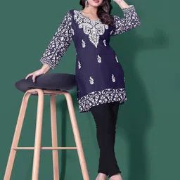 RUDRA LIFESTYLE Floral Embroidered V-Neck Thread Work Pure Cotton Thread Work Kurti image 4