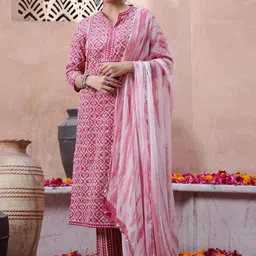 Sangria Pink And white Floral Printed Sequinned Cotton Kurta With Trousers & Dupatta-picture-31