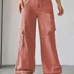 Crazeis Women Comfort Wide Leg High-Rise Acid Wash Stretchable Cargo Style Jeans-image-53