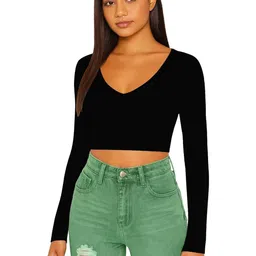 PUERY Women V neck Cotton Crop Fitted Top-picture-21
