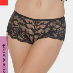 SweetFlirt Enterprises Women 2 Pcs Black & Red Lace Thong Boy Shorts Briefs-image-8