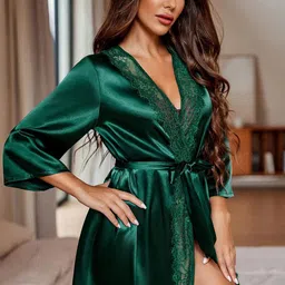 Ucollection Women Green Satin Robe Nightdress-picture-20