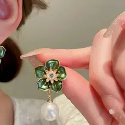 KATY Women Alloy Green Floral With White Pearl Drop Earrings-picture-39