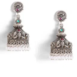Priyaasi Silver-Plated Oxidized Stone Studded & Beaded Dome Shaped Jhumkas image 5