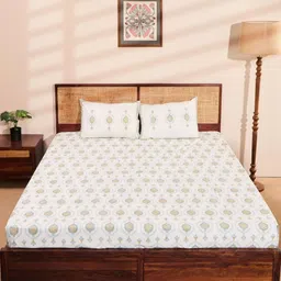 Fabindia White & Blue Floral 180 TC King Bedsheet with 2 Pillow Covers-image-56