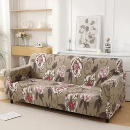 HOKIPO Brown & White Printed Polyester 1 Piece Sofa Cover With Arms image 1
