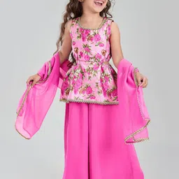 Hopscotch Girls Pink Pure Silk Kurta Sets image 1