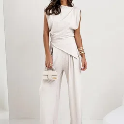 HERE&NOW Women White Solid Polyester Asymmetric Hem Top & Wide-Leg Trouser Co-Ord Set image 2