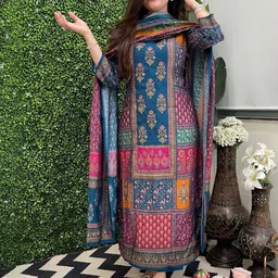 DIVASTRI Women Ethnic Motifs Printed Regular Thread Work Kurta with Trousers & With Dupatta image 3