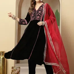 Sangria Embroidered Velvet A-Line Kurta With Trousers & Dupatta-picture-15