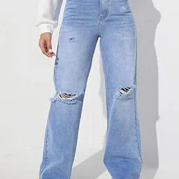BAESD Women Comfort Regular Fit Mid-Rise Slash Knee Light Fade Stretchable Jeans-image-98