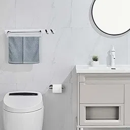 volo Stainless Steel Multipurpose Bathroom Towel Holder with Two Hooks(Chrome Finish) Silver Towel Holder image 2