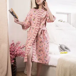 LacyLook Women Pink  & Green Printed Pure Cotton Bath Robe-picture-20