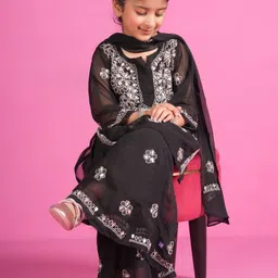 KHAKA Girls Floral Embroidered Kurta with Sharara & Dupatta-picture-43