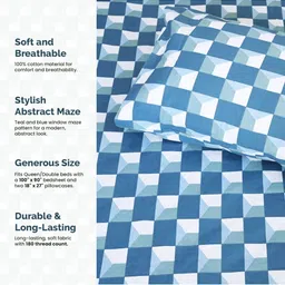 Sleepsia Lounge Teal & Blue Geometric Printed Pure Cotton 180 TC Queen Bedsheet Set image 3