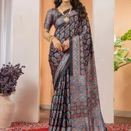 KALINI Floral Poly Crepe Block Print Saree image 1