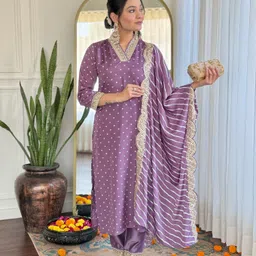 KALINI Women Bandhani Embroidered Empire Thread Work Kurta with Trousers & With Dupatta image 5