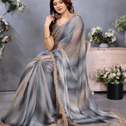 ALAGINI Sequined Lace Border Satin Saree With Blouse Piece image 2