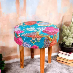 Ikiriya Maple Sheesham Wood Accent Sparkle Upholstery Round Foot Stool-picture-27