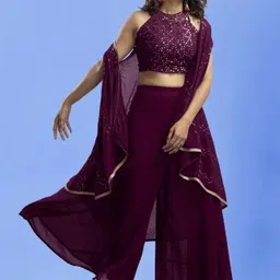 PARROT CREATION Sweta Embroidered Halter Neck Georgette Crop Top With Palazzos & Shrug image 4