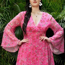 KPOP Women Floral Printed Bell Sleeve A-Line Dress-picture-27