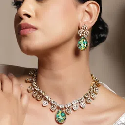 Rubans 22K Gold-Plated Emerald Green Stone, Kundan & Cubic Zirconia Statement Necklace Set-picture-26