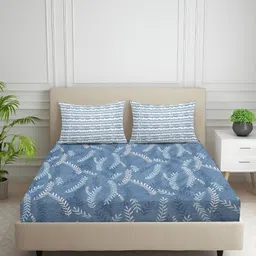 Nivasam Navy Blue & White Printed Cotton 400 TC Fitted King Bedsheet Set 1.98 m x 1.82 m-picture-35